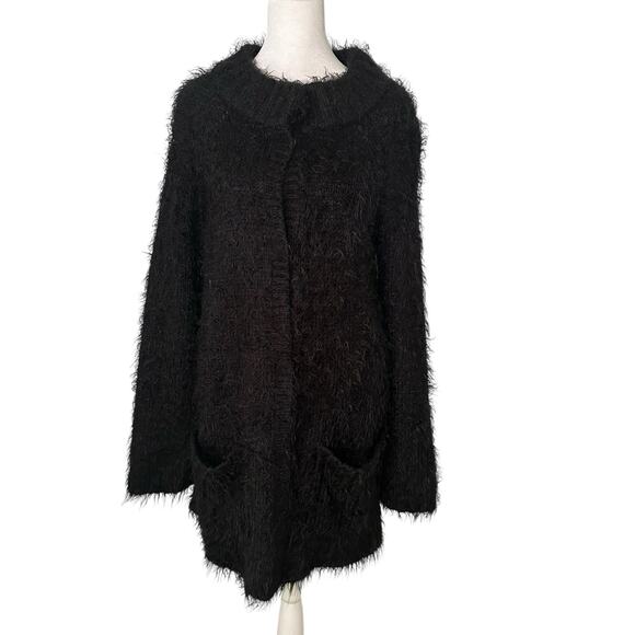 Free People black fur button up long sleeve sweater jacket size M - Picture 1 of 8